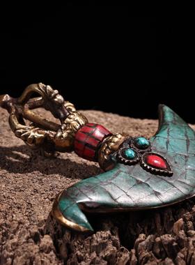 仿古铜藏传工艺镶嵌宝石多杰金刚降魔斧头法器古玩收藏工艺品