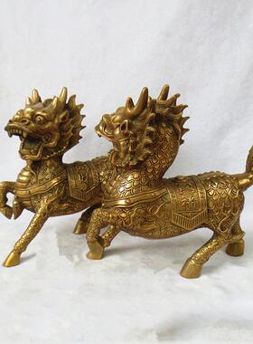 古玩销器摆件古玩古董铜器摆饰黄铜火麒麟一对金属工艺品