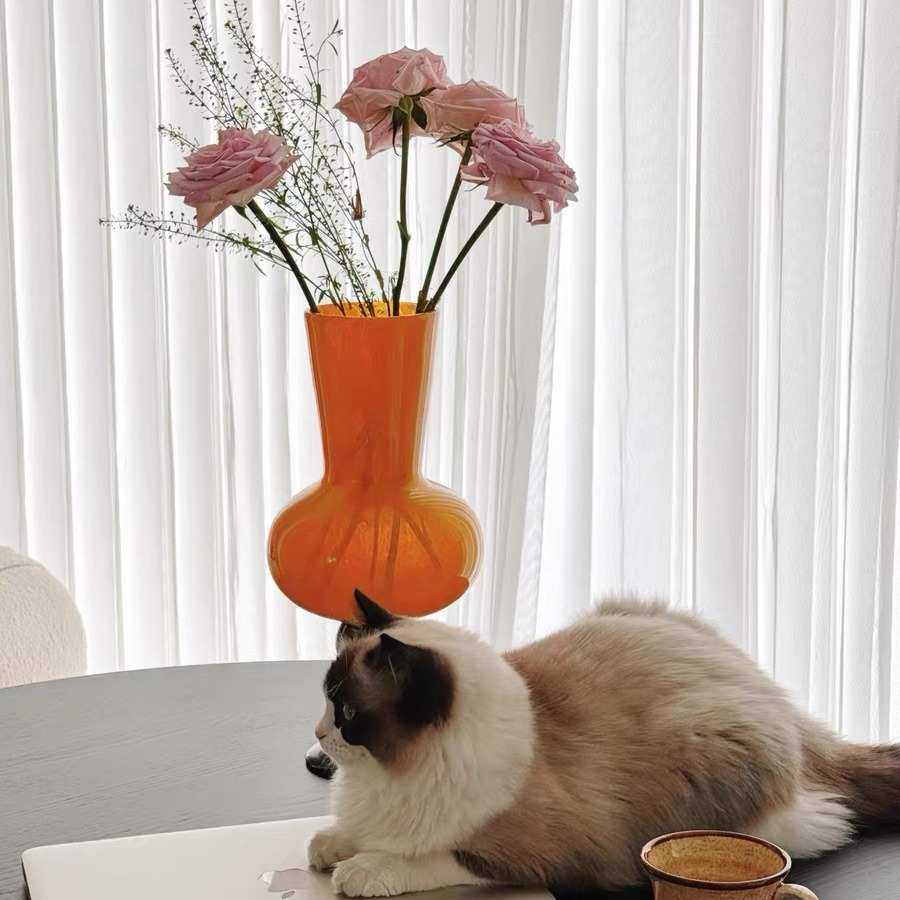 橙色复古新中式高脚花瓶中古风琉璃软装摆件鲜花百合水养玻璃花器,淘宝优惠券,粉丝福利购,淘宝优惠卷