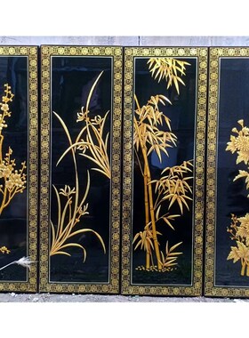 推光漆器工艺墙画四页挂画传统手工漆器贴金彩绘古风漆画装饰挂屏