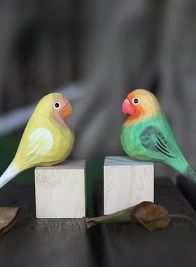 鹿妖商店 肥啾木雕小鸟 绿牡丹鹦鹉 黄桃牡丹鹦鹉 纯手工实木摆件