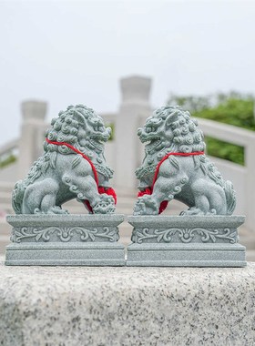 中式招财石狮子一对镇宅家用摆件鱼缸造景桌面家居装饰青石石狮子