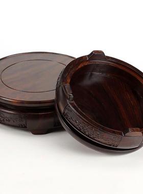 可旋转红木雕刻圆形底座金蟾貔貅摆件底座茶壶花瓶花盆实木底托架