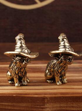 黄铜实心纯铜小摆件桌面手把件可爱魔法猫茶道茶宠雕铸古玩小铜器