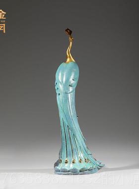 高档《前居程似锦》铜工金岁月雀黄孔铜摆件艺品新中式家客厅玄关