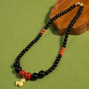 喜运宝「喜运予我」柿子红南红黑曜石项链国风轻奢新中式水晶饰品