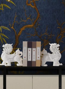 新中式白色貔貅对狮摆件售楼处展台软装饰品茶几茶室书房酒柜摆设