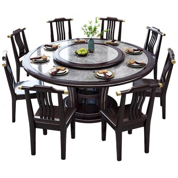 圆形大理石餐桌新中式实木圆桌家用岩板圆餐桌带电磁炉简约大圆桌,淘宝优惠券,粉丝福利购,淘宝优惠卷