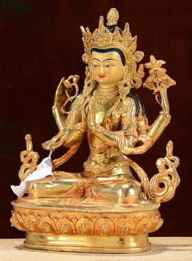 四臂观音铜鎏金彩绘像佛台家居桌面摆件观音菩萨铜像