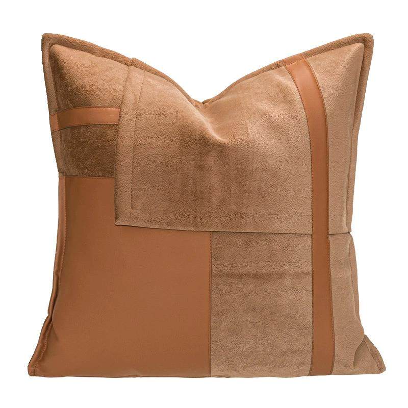 轻奢样板间客厅沙发装饰抱枕套橘咖色绒面拼贴PU皮革软装设计师款,淘宝优惠券,粉丝福利购,淘宝优惠卷