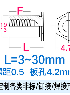 盲孔压铆螺柱 压铆螺母柱 压板螺柱 压铆螺套BSOM3*L】底孔4.2