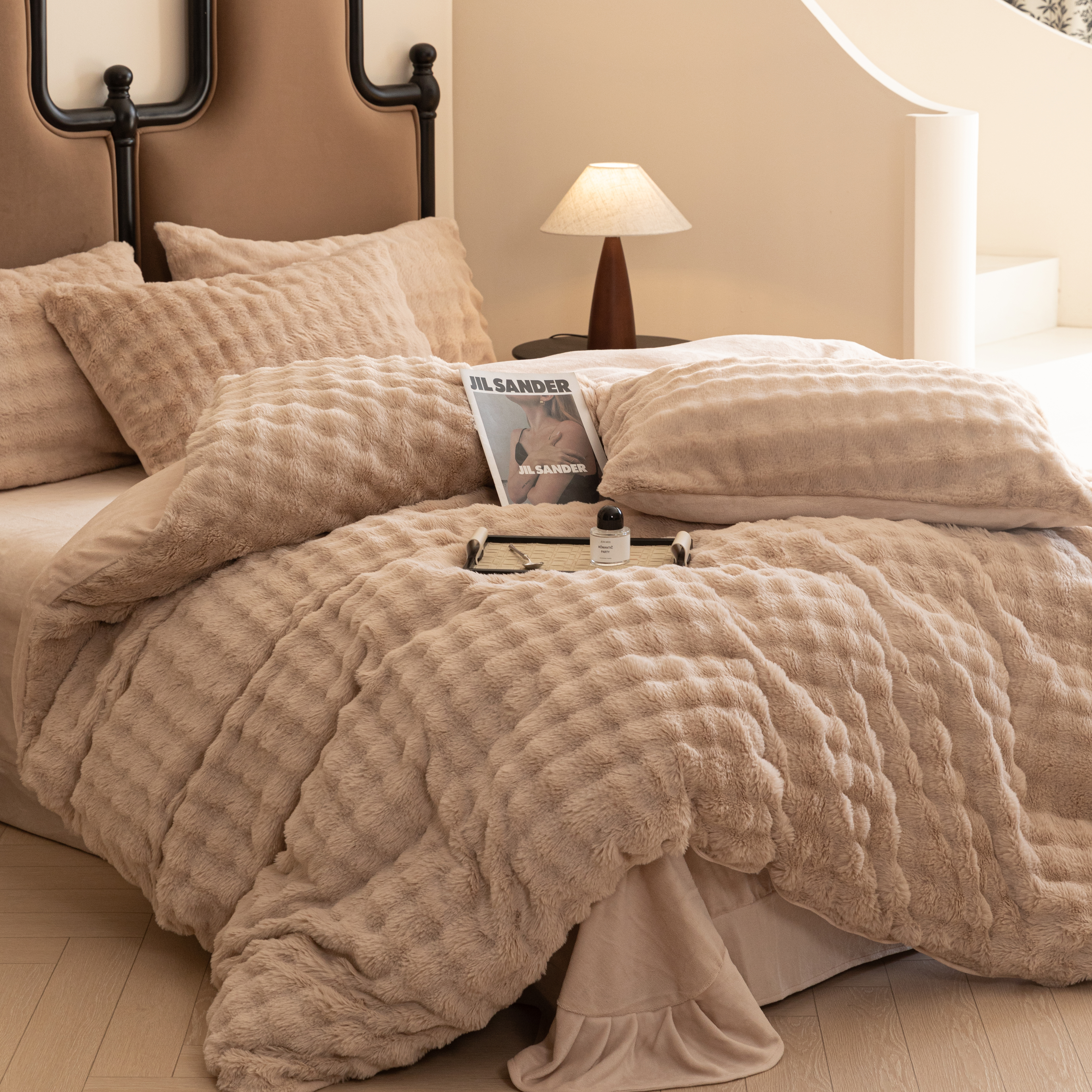 无印独白冬季兔绒雕花绒AB面四件套床单双人被套加厚四件套FT