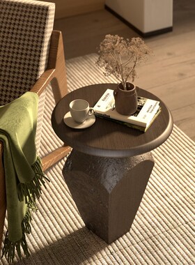 原木色边几侘寂风设计师艺术品角几客厅酒店高级感沙发旁落地摆件