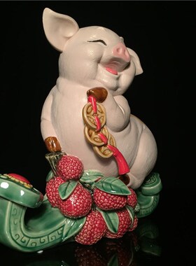 石湾公仔陶瓷美陶猪年生肖摆件客厅玄关电视柜装饰品拜年商务礼品