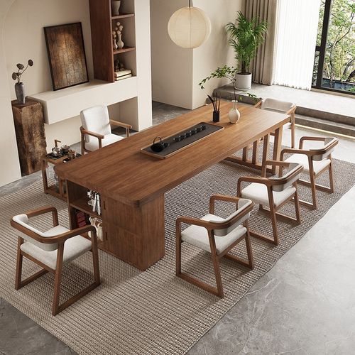 现代实木茶桌椅组合带柜子客厅办公茶室茶台洽谈原木大板泡茶桌 - 图0