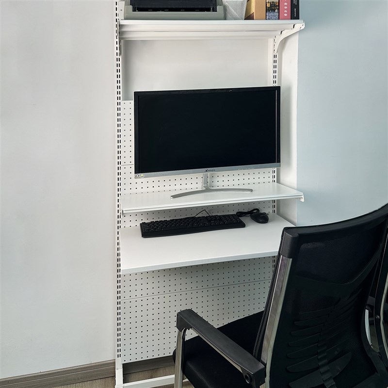 Perforated board bookshelf floating tabletop