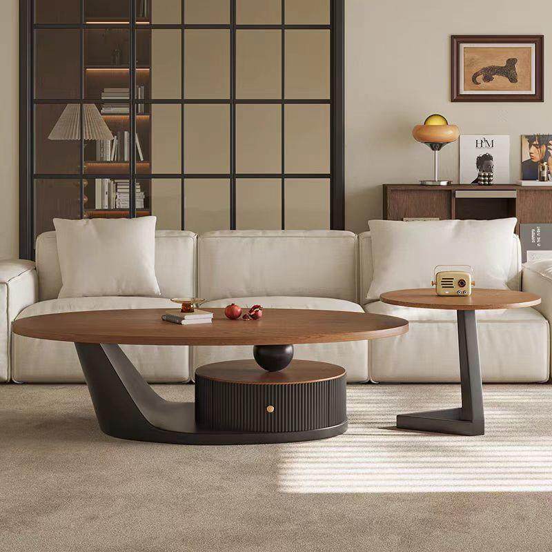 椭圆形轻奢实木层板岩板茶几组合中古风新款家用客厅小户型奶油风,淘宝优惠券,粉丝福利购,淘宝优惠卷