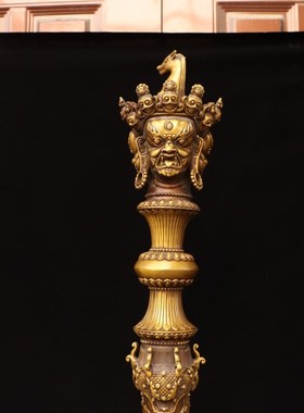 纯黄铜秽迹金刚降魔杵摆件家用带底座三面普巴金刚杵马头金刚橛铜