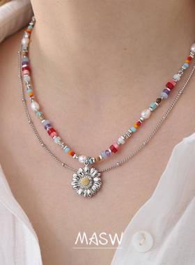 MASW彩色串珠锁骨炼雏菊双层项炼