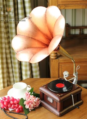 欧式压花纹铁艺复古大喇叭留声机摆件 个性咖啡厅书房装饰品