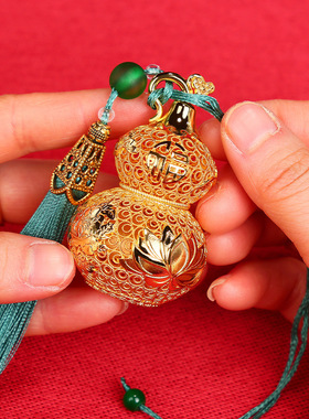 福禄黄铜葫芦香薰炉花丝镂空摆件
