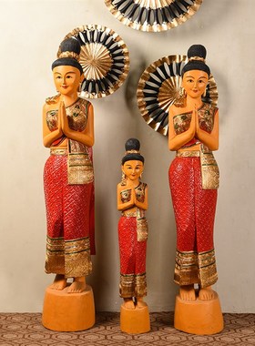 东国工艺品 泰南亚木雕迎宾女萨摆蒂装饰瓦件 玄关门厅站佛摆设