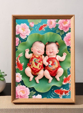 送子图金童玉女木质摆台相框