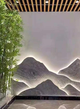 天然雪浪石切片石雕背景墙中式庭院假山造景室内外装饰灯光影壁墙