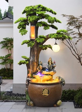 中式迎客松摆件假山流水饭店鱼缸瀑布装饰景观客厅落地循环水景