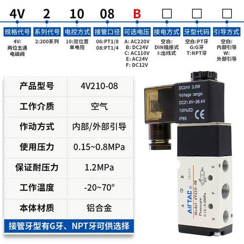 亚德客电磁气动阀 4v210一08 220v控制器气阀换向阀电子阀线圈24v - 图0