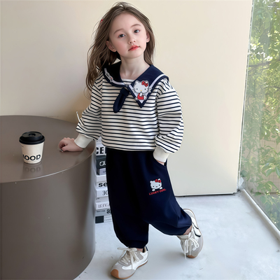 儿童春款卫衣套装儿童可爱海军领休闲运动套装宝宝卡通条纹蝴蝶结