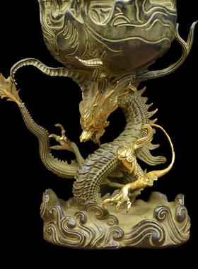 宏达 全黄铜鎏金博山炉创意铜香炉 飞龙博山熏香炉家居铜器摆件