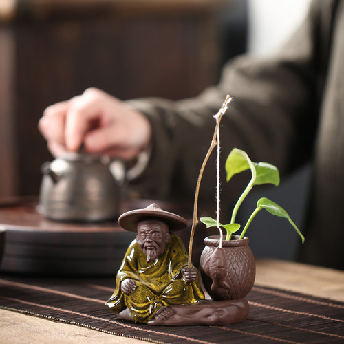 宇轩 紫砂茶宠渔翁垂钓花器摆件客厅陶瓷鱼缸造景可养姜太公钓鱼 - 图0