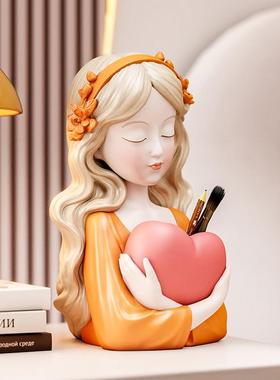 创意爱心少女化妆台收纳盒装饰摆件电视柜玄关收纳筒奶油风生日礼