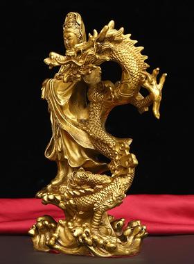 黄铜站龙观音骑龙观音摆件工艺品黄铜观音用品家居工艺品摆件