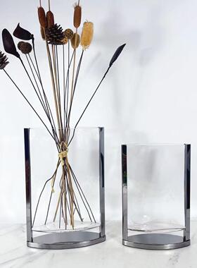 现代简约扁平透明玻璃花器样板房售楼处客厅餐厅桌面玄关花瓶摆件