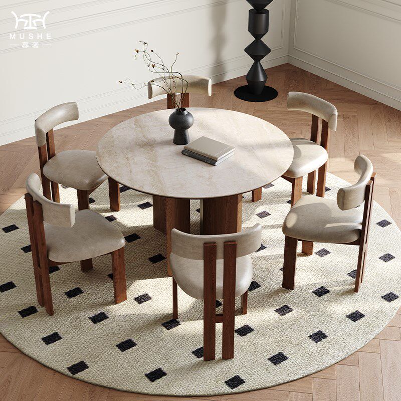 暮奢法式复古风实木洞石岩板餐桌椅组合小户型家用设计师圆餐桌,淘宝优惠券,粉丝福利购,淘宝优惠卷