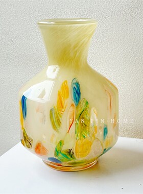 中古高级彩色手工琉璃玻璃花瓶法式装饰客厅大口径艺术插花器摆件