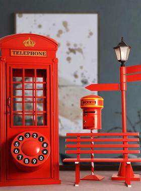 复古铁艺英伦电话亭模型创意摆件室外酒吧咖啡厅装饰品书柜储物柜