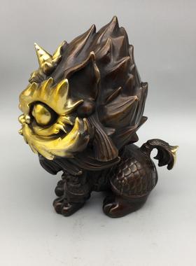 醒狮子古玩铜器收藏铜鎏金仰天兽家居桌面摆件装饰老物件复古