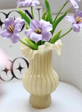 中古芬顿玻璃花客厅水养插花级感百褶裙法式琉璃摆件餐桌饰品