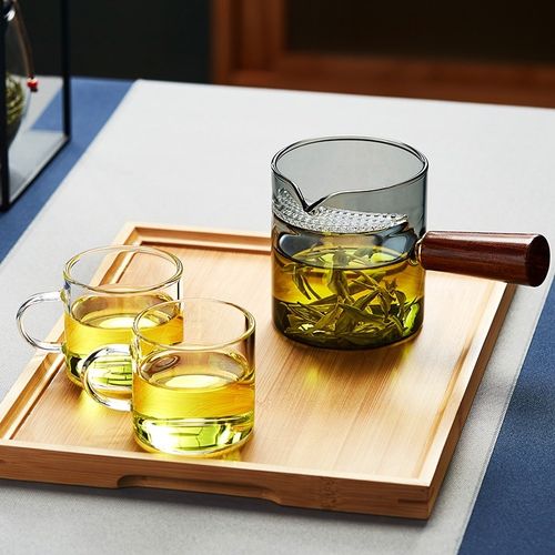 绿昌明玻璃公道杯侧把分茶器绿茶月牙过滤泡茶壶木把月牙一体茶杯 - 图1