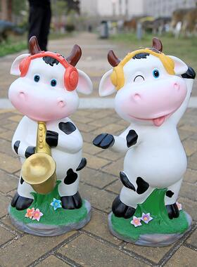卡通音乐奶牛雕塑玻璃钢树脂落地摆件装饰庭院幼儿园花园摆设包邮