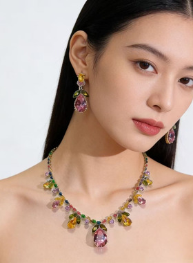 轻奢彩色锆石项链耳环套装