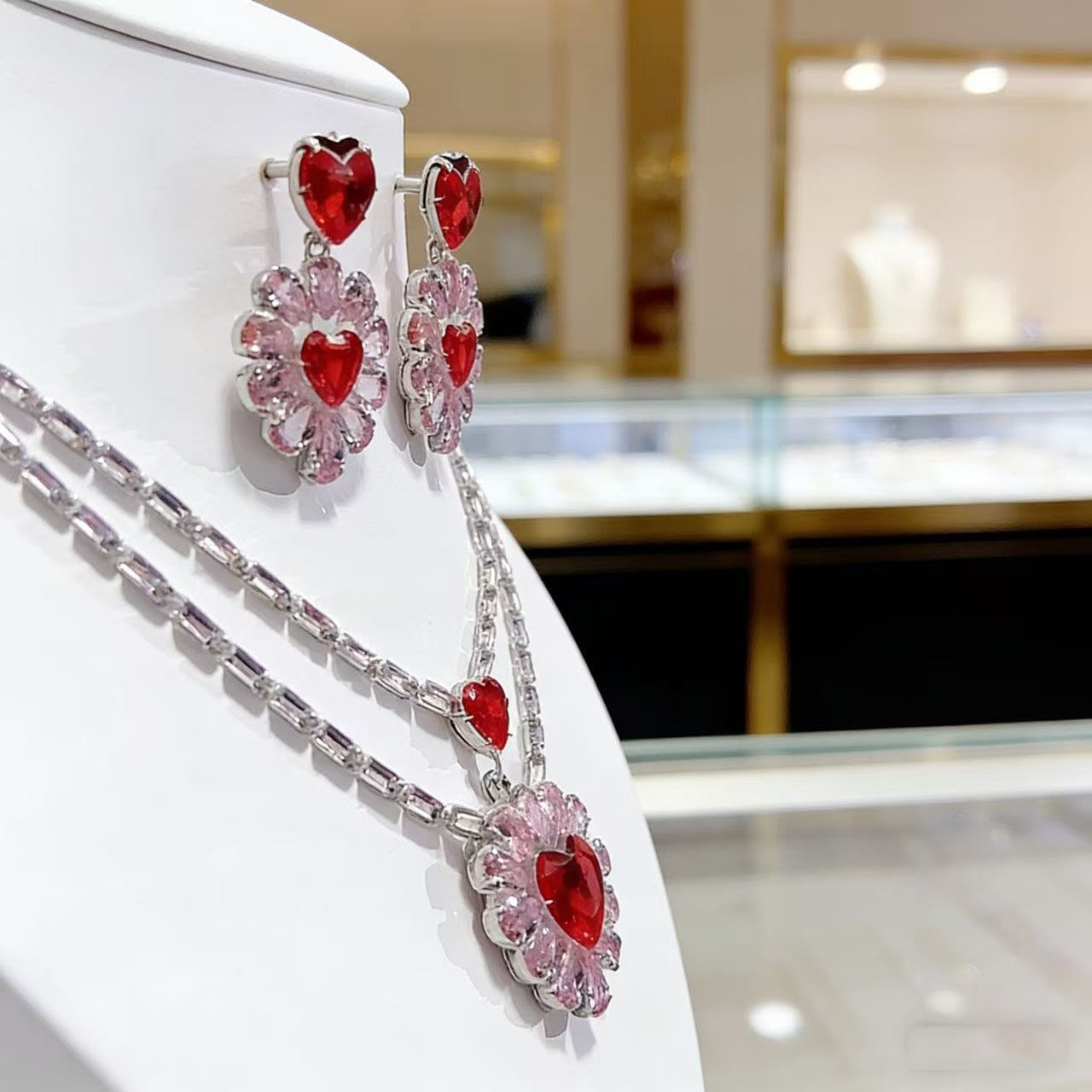 红爱心锆石首饰套装女 婚礼宴会婚纱配饰心形水晶项链耳环套饰,淘宝优惠券,粉丝福利购,淘宝优惠卷
