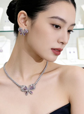 蝴蝶结粉锆石项链耳环套装女S925银针轻奢新娘宴会礼服配饰首饰