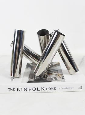 现代不锈钢管镜面花器摆件样板间客厅玄关创意三脚架干花插