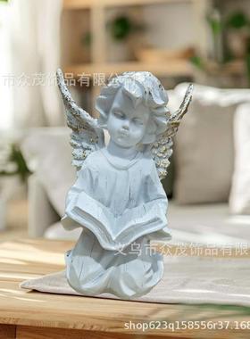 北欧天使女孩摆件树脂人像雕塑教堂装饰天使少女看书摆设拍照背景