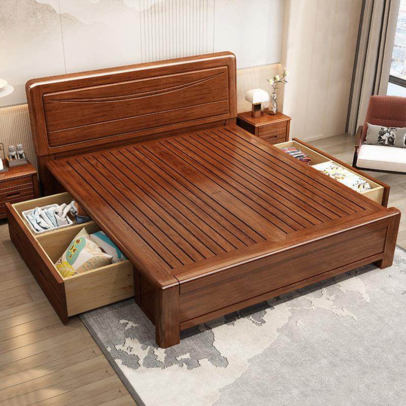 胡桃木实木床中式双人床1.8米1.5m现代简约卧室储物高箱床经济型 - 图2