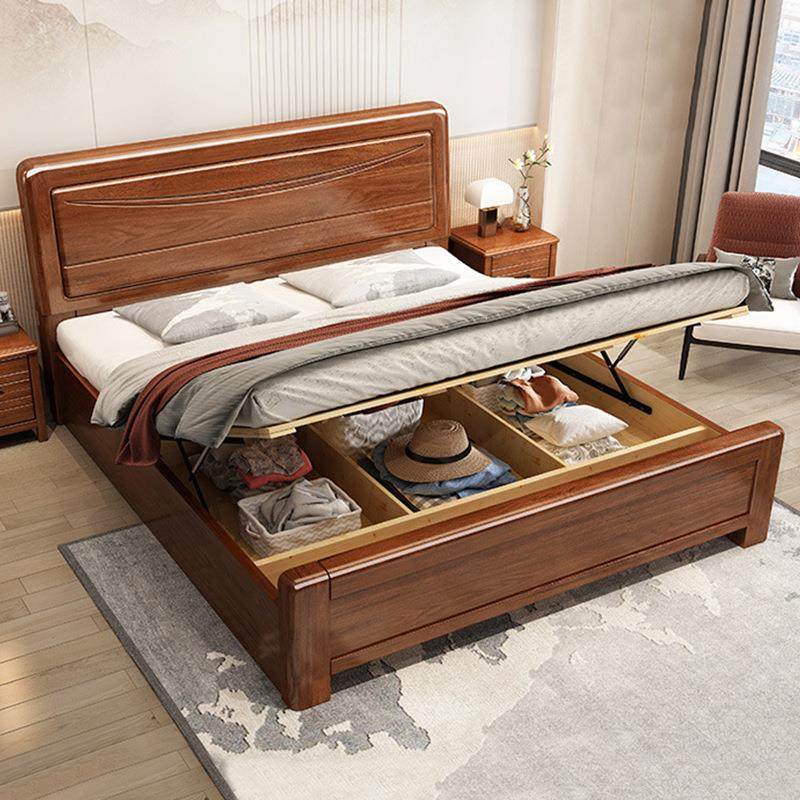 胡桃木实木床中式双人床1.8米1.5m现代简约卧室储物高箱床经济型 - 图1